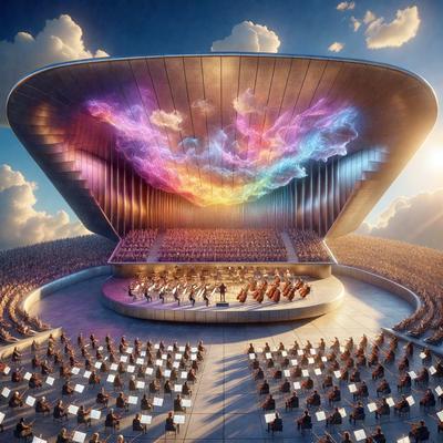 The primary subject of the image is a large, colorful, and futuristic dome-shaped structure. The setting is an outdoor concert venue, with a stage in the middle of the dome. The visual style is a combination of photo and digital art, creating a unique and captivating atmosphere. The colors and mood are vibrant and energetic, with a focus on the dome's striking design and the stage's illumination.